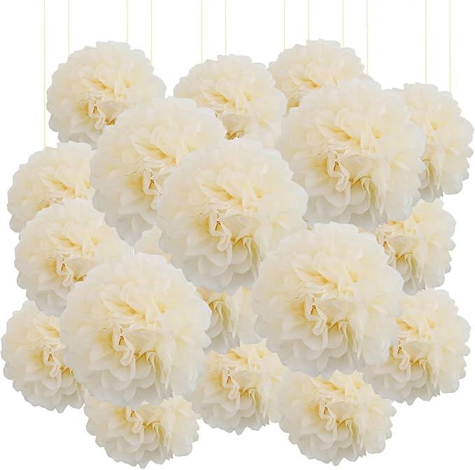 Qimoo 20pcs Beige Paper Pom Poms Decorations, DIY Decorative Tissue Paper Pom-poms Flowers Ball for Party Wedding Outdoor Decoration
