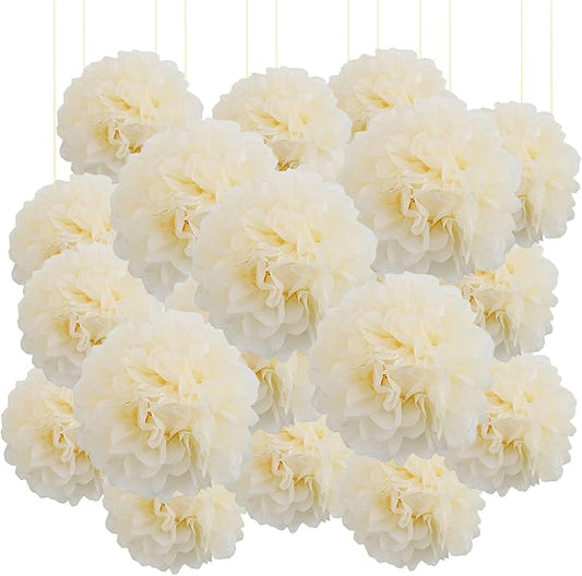 Qimoo 20pcs Beige Paper Pom Poms Decorations, DIY Decorative Tissue Paper Pom-poms Flowers Ball for Party Wedding Outdoor Decoration