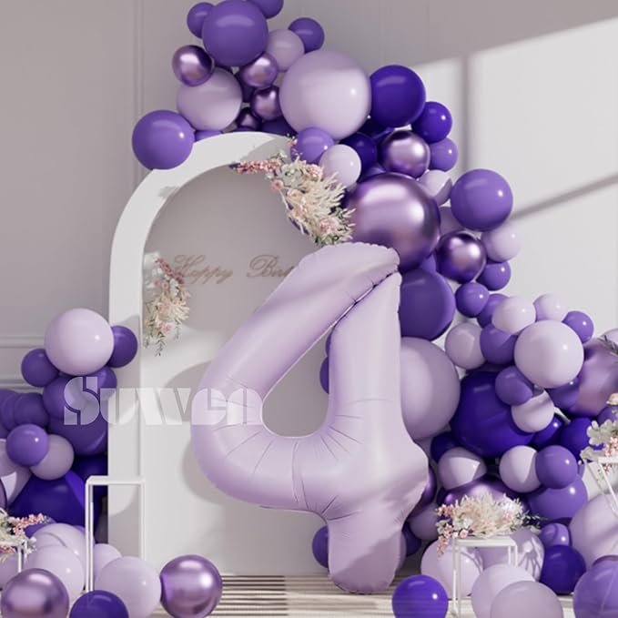 SUWEN 40 Inch Light Purple Large 4 Balloon Number Big Foil Helium Lavender Number Balloons Huge Mylar 0-9 Giant Jumbo Happy 4th Birthday Party Anniversary Decorations