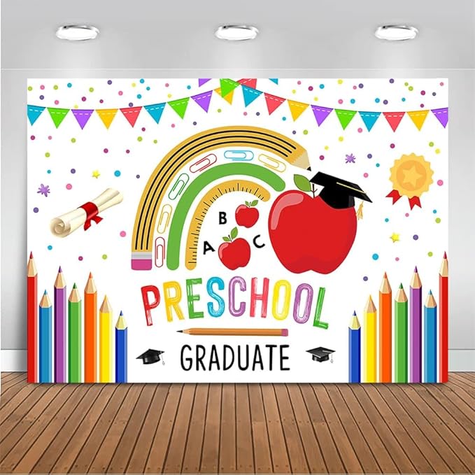 Mocsicka Preschool Graduate Backdrop Pre Kindergarten Congrats Grad Party Supplies Decoration Class of 2026 Graduation Ceremony Background Photo Prop (White, 10x8ft(120"x96"))