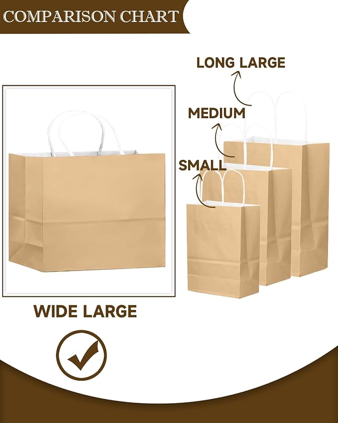 qiqee 24PCS Large Gift Bag with Handles Bulk 13"x4.5"x10" Gift Bags Almond Yellow Bags Multiple Uses (32x11x25cm,Wide Large)