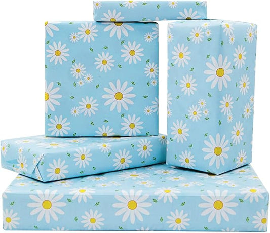 White and Yellow Daisy Floral With Green Leaves On Blue Gift Wrapping Paper With Silk 4 Sheets For Kids Girls Boys, Flower Gift Wrap for Birthday New Baby Shower Wedding Holiday Christening and More Occasion