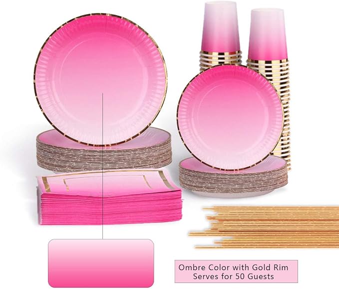 Ottin Ombre Rainbow Hot Pink Party Supplies 50-counts Disposable Paper Plates and Napkins Set for Birthday Wedding Bridal Baby Shower Engagement Mother's Day