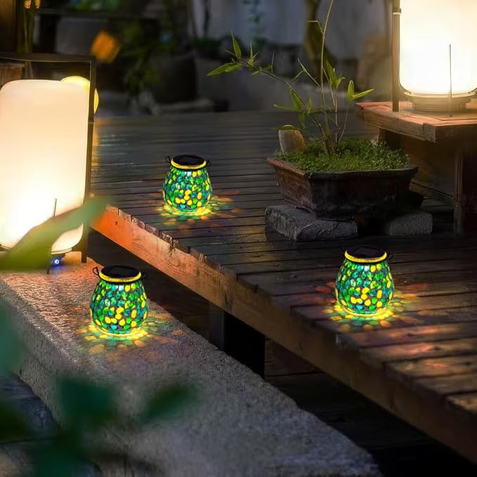 Starsoul 2 Pack Solar Lanterns Outdoor Waterproof, Unique Green Mosaic Glass Solar Garden Lights, Decorative Outdoor Lantern for Outside Patio Pathway Porch Yard Table