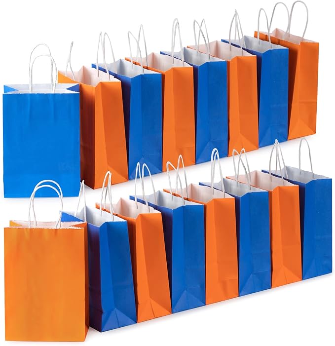 MISU Paper Bags Party Favor Bags Kraft Paper Gift Bags with Handle, Small, 8.3x5.9x3.2 Inches, 16-Pack (Orange, Blue)