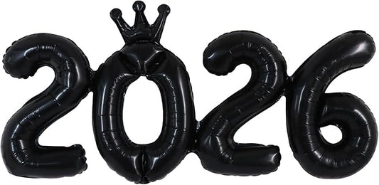 TONIFUL 2026 Black Crown Foil Number Balloons 16 Inch Black Number Banner 2026 Graduation Aluminum Foil Mylar Balloons for New Year Eve Christmas Anniversary Party Supplies
