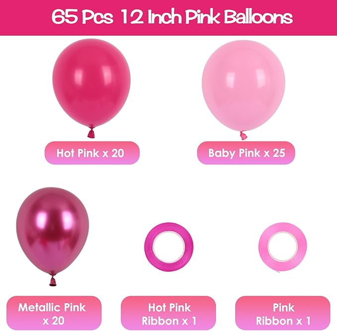 RUBFAC Pink Balloons Set, Hot Pink Latex Party Balloons Kit 65pcs for Birthday, Wedding, Baby Shower, Mother's Day, Party Decoration