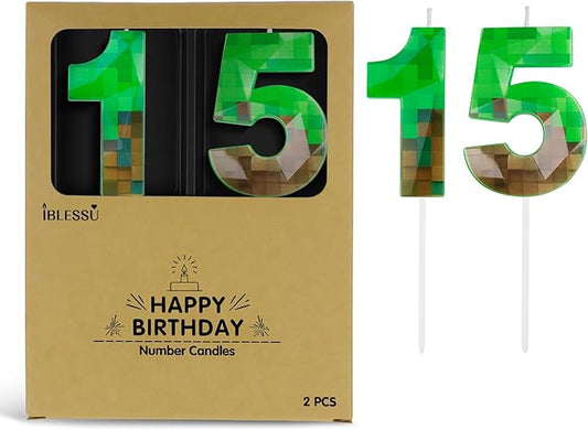 Pixel Birthday Candle, 2.68 Inch Miner Number Candles, Game Themed Candle Birthday Decoration for Pixel Theme Birthday Anniversary Dynamite Video Game Party (Green, 15)