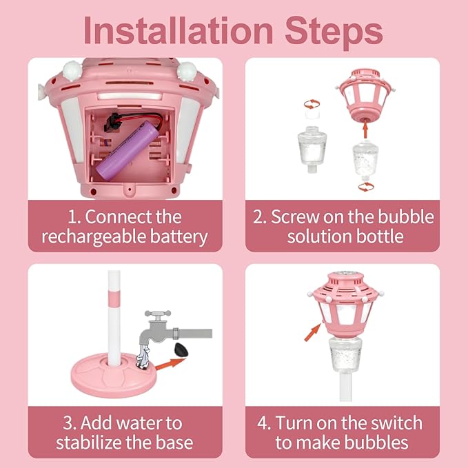 2 Pack Bubble Machine for Kids, Automatic Bubble Blower with Light & Rechargeable Battery, 40 Inch Adjustable Height Outdoor Toys for Party, Toddlers, Sibling Gifts (Includes 6 Solution), Pink