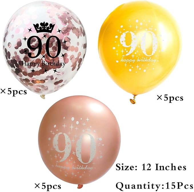 SHUNTAI 90th Birthday Balloons Rose Gold 90th Birthday Decorations for Women Her Latex Confetti Balloon 90 Year Old Anniversary Theme Happy Birthday Party Supplies 15 Pack 12 Inch