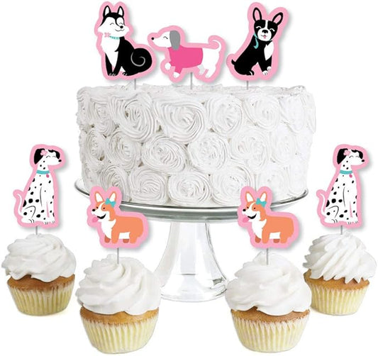 Big Dot of Happiness Pawty Like a Puppy Girl - Dessert Cupcake Toppers - Pink Dog Baby Shower or Birthday Party Clear Treat Picks - Set of 24