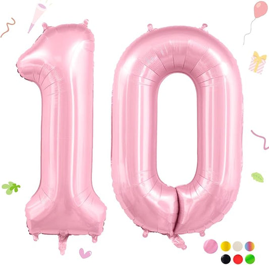 Pastel Pink 10 Balloons, 40 Inch Large Light Pink Foil Number Balloons 0-10, Self-Sealing 10th Birthday Balloon for Girls Women Anniversary Baby Shower Princess Party Decorations Supplies