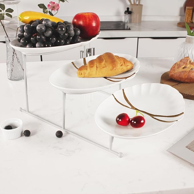 three-tier dining stand, including three 9.8-inch rectangular gold-rimmed plates, foldable and sturdy white metal stand for food display, fruit, desserts, party entertainment decoration