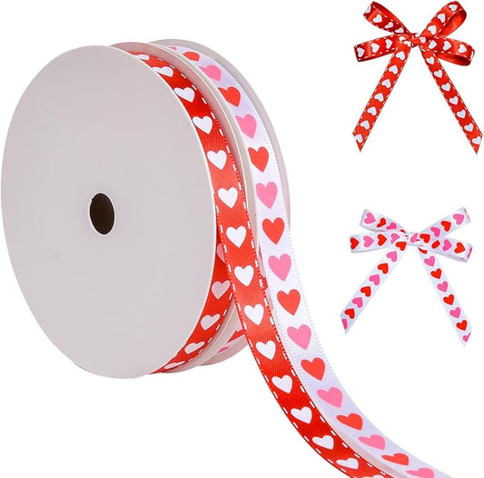 Ribest Valentine’s Day Ribbon Set, 3/8 Inch Heart Satin Ribbons for Valentines Gift Wrapping Crafts Flower Bouquet Candy Decoration Hair Bows, 2 Roll × 10 Yards Total 20 Yards, Red Pink White