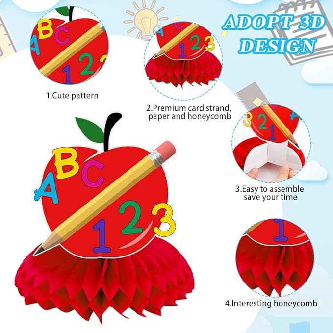 10 Pcs Back to School Decorations, First Day of School Table Toppers Honeycomb Ornaments Centerpieces, Schools Bus Pencil for Classroom Table Decoration Kids Welcome Back to Schools Party Supplies