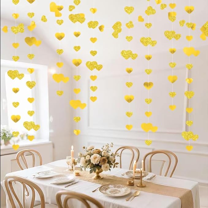 Gold Heart Garland Hanging Sparkling Love Streamer Glitter Bunting Banner Twinkle Heart Backdrop for Wedding Engagement Valentines Galentines Birthday Party Decor 40 Feet