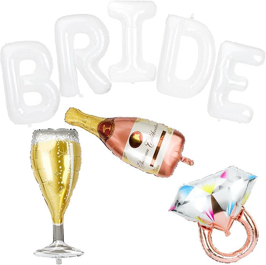 Bride Balloons White Letters Banner 40inch, Bride Bachelorette Party Decorations Kit with Large Ring Bottle Glass Foil Balloons, Bach Party Supplies and Favors for Bridal Shower, Bachelorette Party