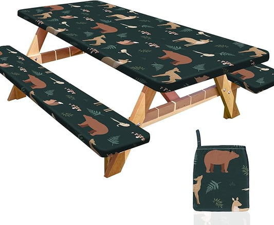 Picnic Table Cover with Bench Covers Portable Table Cloth Built-in Storage Pocket Fitted Tablecloth with Elastic Edges Waterproof Camping Essentials for Indoor Outdoor Rv,72in,Dark Green