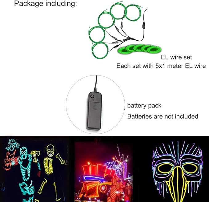 Neon Light 5-in-1 Meter Wire，Portable Battery Pack with Decorative Wire，Suitable for Birthday Parties，Thanksgiving and Other Occasions. (Green)