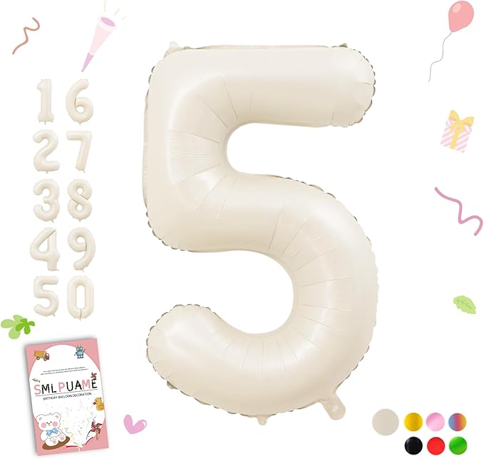 40 Inch Beige Number 5 Balloons for 5th Birthday Decorations Boys Girl, Giant Self-Sealing Cream Foil Number 0-10 White Sand Balloon for Women Men Party Anniversary Baby Shower Supplies