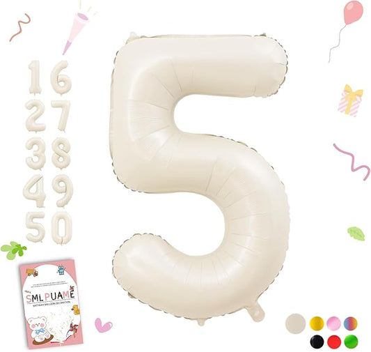 40 Inch Beige Number 5 Balloons for 5th Birthday Decorations Boys Girl, Giant Self-Sealing Cream Foil Number 0-10 White Sand Balloon for Women Men Party Anniversary Baby Shower Supplies