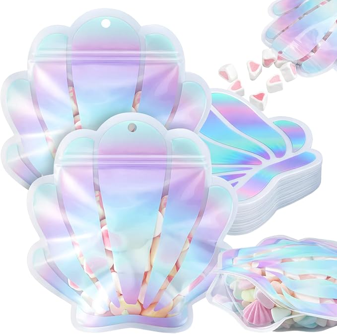 Resurhang 60 Pcs Mermaid Party Zipper Treat Bags Cute Seashell Food Goodie Gifts Bags Resealable Under the Sea Aquatic Nautical Theme Snack Candy Containers for Summer Ocean Beach Supplies