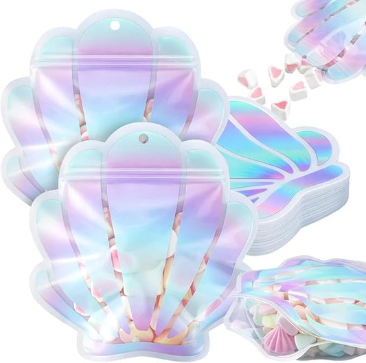 Resurhang 60 Pcs Mermaid Party Zipper Treat Bags Cute Seashell Food Goodie Gifts Bags Resealable Under the Sea Aquatic Nautical Theme Snack Candy Containers for Summer Ocean Beach Supplies