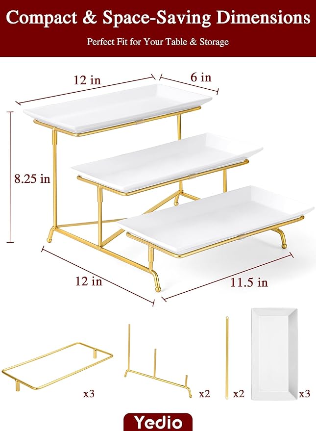 3 Tier Serving Tray Set Porcelain Tiered Serving Platters, Collapsible Sturdier Stand with Stable Cross Bars, 12 Inch Three Layer Serving for Party Entertaining Food Display Fruit Dessert