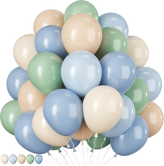 Jobkoo Sage Green Dusty Blue Balloons, 12 Inch Retro Slate Light Blue Olive Green White Sand Beige Nude Eucalyptus Latex Balloon for Boho Rabbit Birthday Wedding Toy Baby Shower Woodland Party Decor