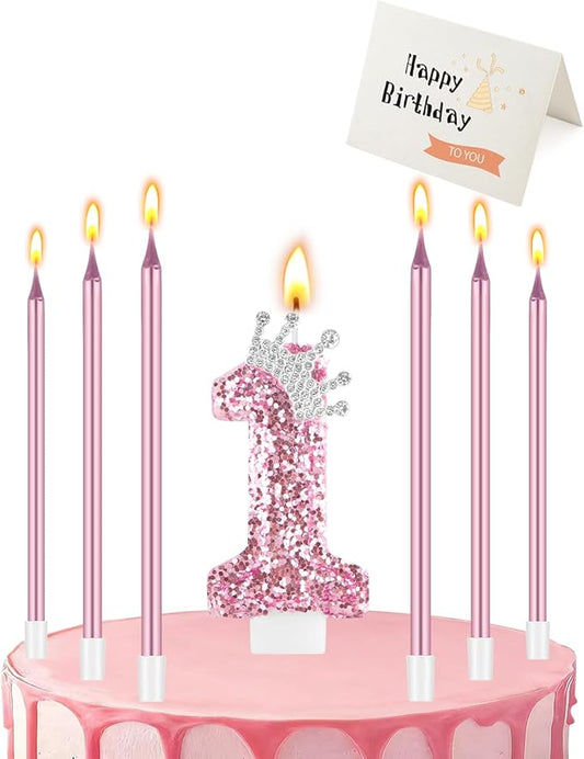 Birthday Candles for Cake, Pink Number Candles, Cake Candles with Greeting Card for Birthday Party Wedding Anniversary Celebrations (1 Candle, Silver Crown)