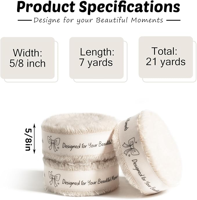 Beige Cotton Ribbon 5/8 Inch Beige 3 Rolls 21 Yards Frayed Edge Fabric Set for Rustic Wedding Decor, Bridal Bouquet Wrap, Farmhouse Decor, Wreath Making & Gift Wrapping