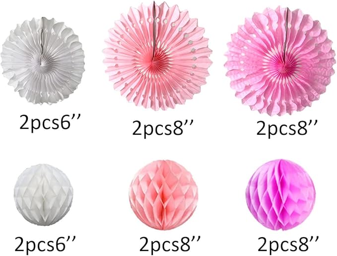 12pcs 6'' 8'' Honeycomb Balls Tissue Paper Fans Party Honeycomb Ball Fans Decorations Tissue Pom Poms Flower Balls Hanging Paper Fans for Party Baby Shower Birthday Wedding Nursery(White Pink kit)