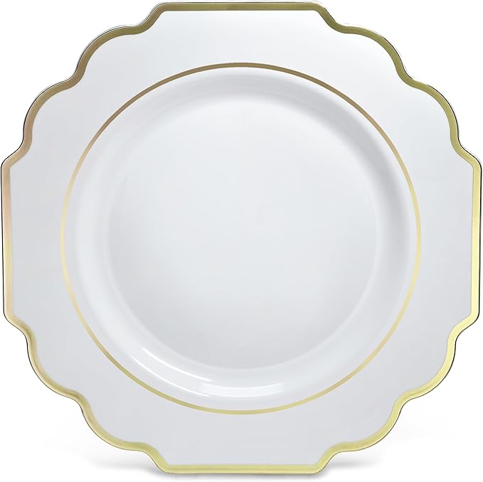 " OCCASIONS " 960 Piece set (120 Guests)-Heavyweight Wedding Party Disposable Plastic Plate Set - 120 x 10.5'' + 120 x 8'' + Silverware + Cups + Napkins (Imperial White & Gold)