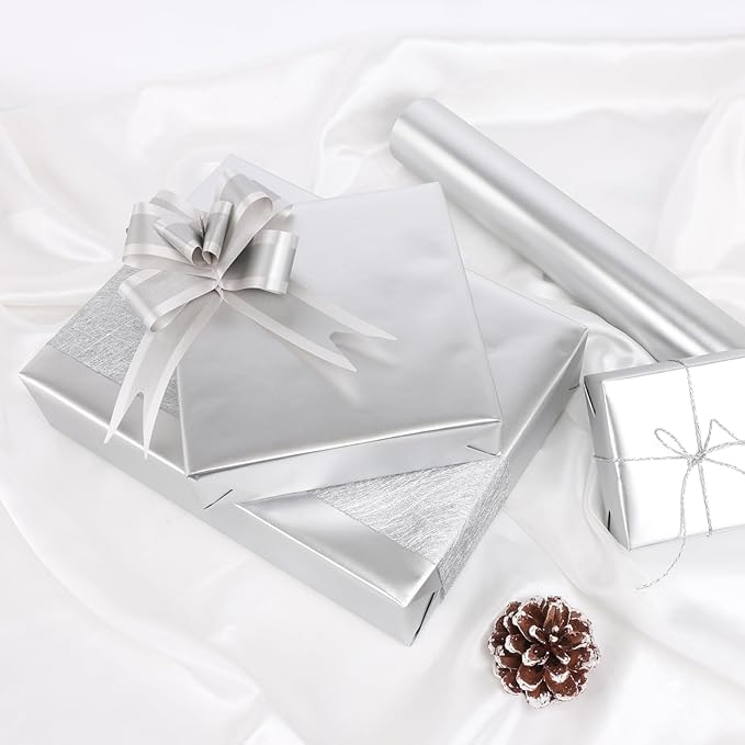 NESCCI Matte Metal Silvery Wrapping Paper, Solid Color Paper,Gift Wrapping Paper,Perfect for Wedding,Valentine's Day,Birthday, Christmas,Baby Shower,DIY Bouquet (17 Inches X 32.8 Feet)