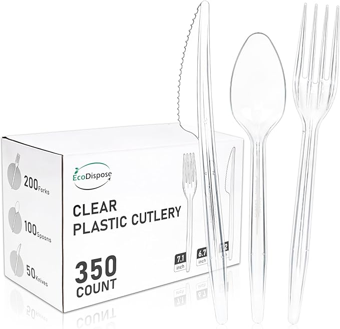 EcoDispose 350 Count Heavy Duty Disposable Silverware, BPA-Free Plastic Cutlery Set - 200 Forks, 100 Spoons, 50 Knives for Parties, Weddings, Catering & Daily Use