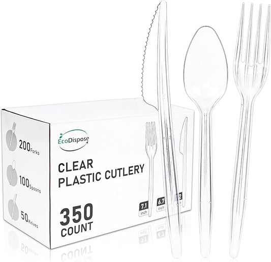 EcoDispose 350 Count Heavy Duty Disposable Silverware, BPA-Free Plastic Cutlery Set - 200 Forks, 100 Spoons, 50 Knives for Parties, Weddings, Catering & Daily Use