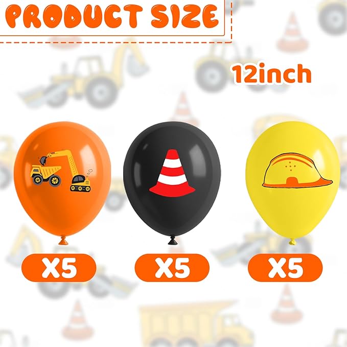 18Pcs Construction Balloons 12 Inch Black Yellow Orange Latex Engineering Vehicle Balloons for Construction Themed Birthday Truck Birthday Party Supplies