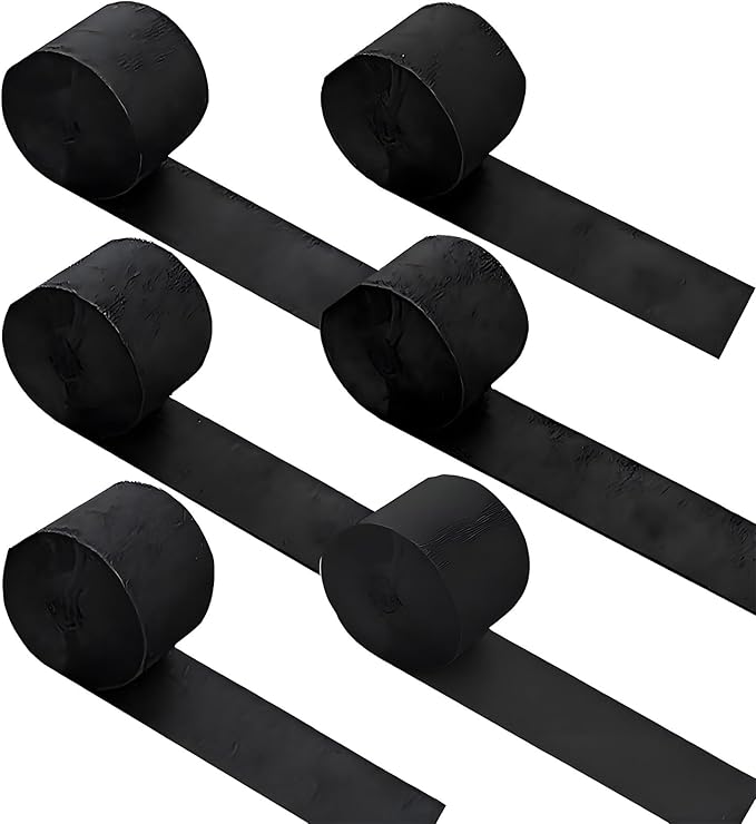 6 Rolls Crepe Paper Streamers, Black Streamers for Party Decorations, Wedding Decorations, Birthday Decorations, Baby Shower Decorations (1.8 Inch x 82 Ft/Roll)