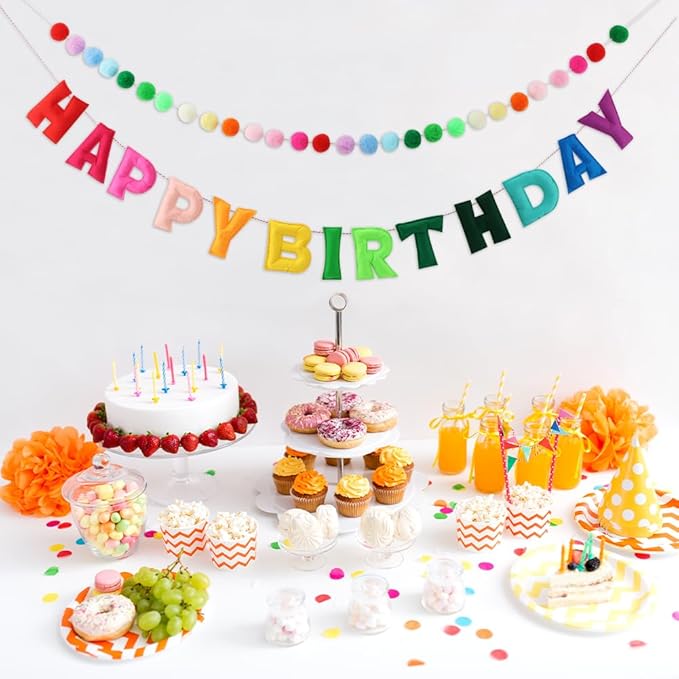 Pre-Strung Happy Birthday Banner,Felt Ball Garland HAPPY BIRTHDAY Pennant Flag,Colorful Rainbow-Birthday Decorations, Multicolor BuntingTriangle Flags,Party Decor,Photo Prop(43 Pcs)
