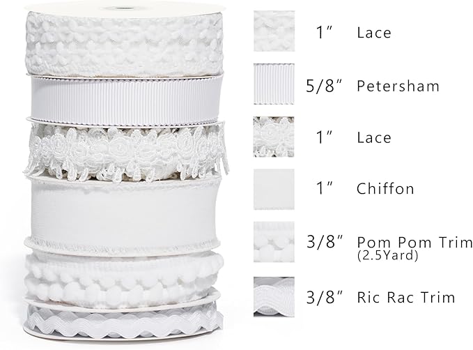 LaRibbons White Ribbons for Crafts 6 Rolls 27.5 Yards TTL Thin Ribbon for Sewing Wedding Gift Wrapping Home Decor