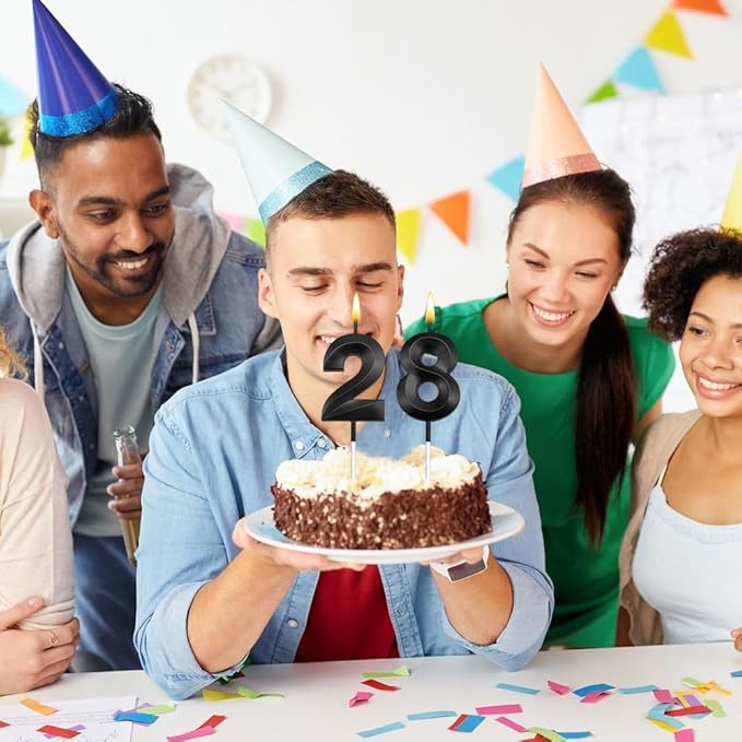 28th Birthday Candles 28 Candles for 28th Birthday Decorations for Boys Happy 28 Birthday Cake Topper Black Birthday Candles Black Number Candles (28)