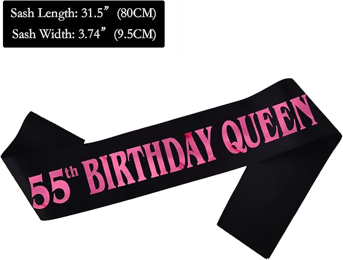 55th Birthday Queen Sash, Pink Foil Black Satin Birthday Sash for Women 55th Fabulous Birthday Party Gift Decorations Favors