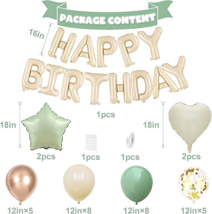 Sage Green Birthday Decorations for Men Women Boys Girls,Sage Green Beige Gold balloons Happy Birthday Balloons Banner Confetti Balloons for Birthday Baby Shower Party Decorations