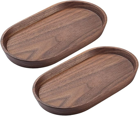 Vandroop Mini Serving Trays for Parties, Small Decorative Tray for Tea＆Coffee, Oval Wooden Plates for Serving Food for Appetizer＆Vegetables for Bathroom 7.8"×4.6" (Walnut, Set of 2)