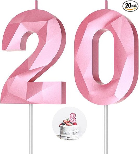 Number Birthday Candles(20 Candle Pink) 3D Diamond Shape 20th Happy Birthday Cake Topper Decorations for Women Men Birthday Wedding Anniversary Celebration Theme Party Supplies