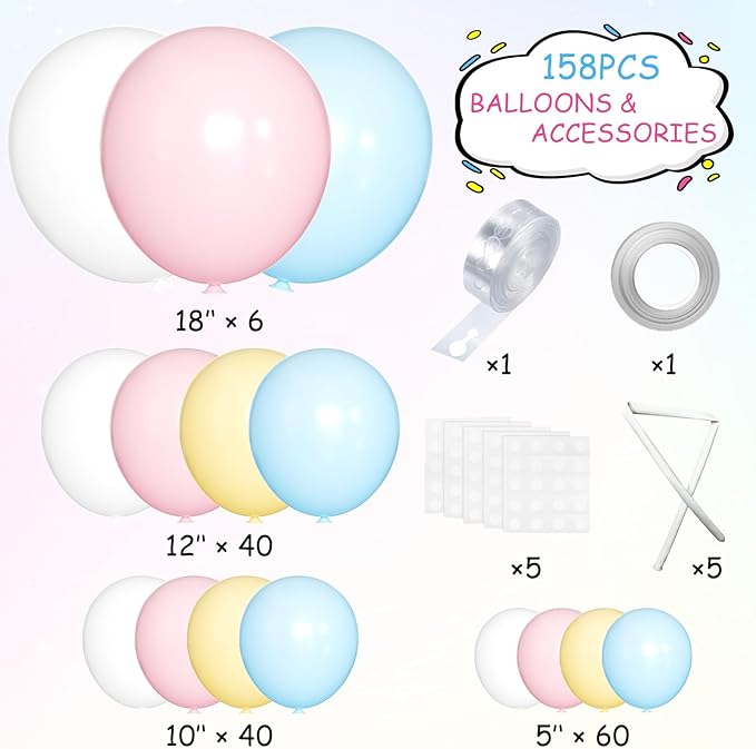 MEBAY Pastel Balloon Garland Arch Kit 146Pcs Macaron Pink Blue White Yellow Latex Balloons Different Sizes 18 12 10 5 Inch for Gender Reveal Baby Shower Wedding Birthday Party Decoration