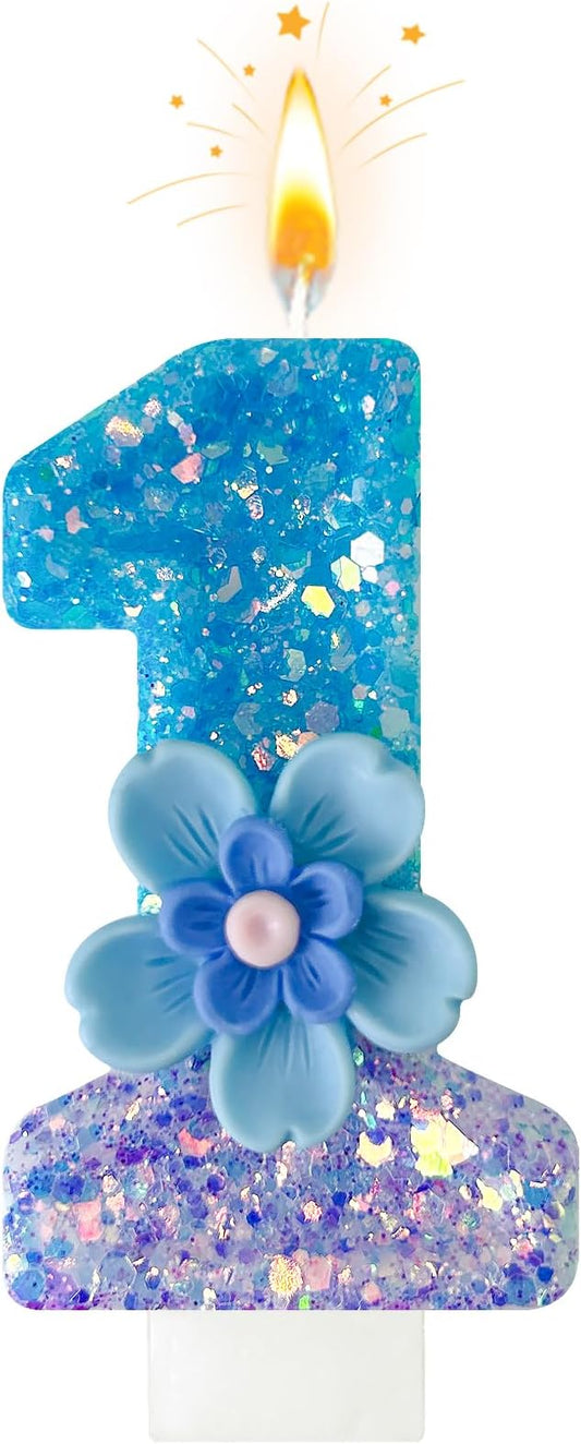 Blue Purple Flower Birthday Number Candles, Flower Theme Party Decorations, Cupcake Decorations, Suitable for Party Celebrations, Boys and Girls Birthday Decorations（1）
