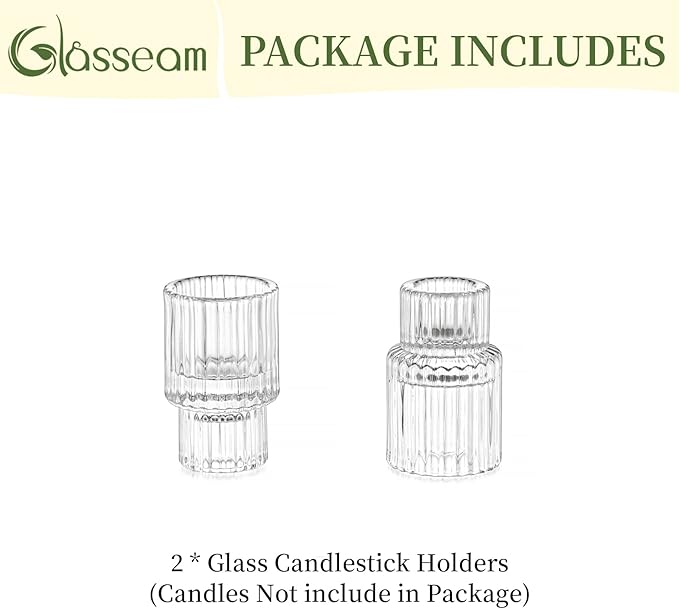 Glass Candlestick Taper Candle Holder: Glasseam Set of 2 Small Candle Holders for Candlesticks, Modern Crystal Clear Tapered Candle Stick Holder for Wedding Dining Table Centerpiece Christmas Decor