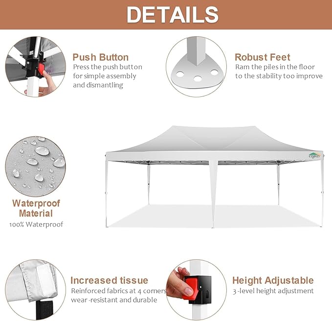 COBIZI 10x20 Pop Up Canopy with 6 Sidewalls,10x20 Canopy Tent Frame Upgraded with 3 Adjustable Heights,Waterproof UV50+ Outdoor Party Commercial Ez Up Gazebos with Carry Bag(10 x 20 ft White)