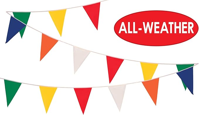 Beistle 2 Piece Indoor/Outdoor Multi-Color Plastic Triange Shaped Pennant Banners For Rainbow Theme, Birthday Party, Classroom Décor, Graduation